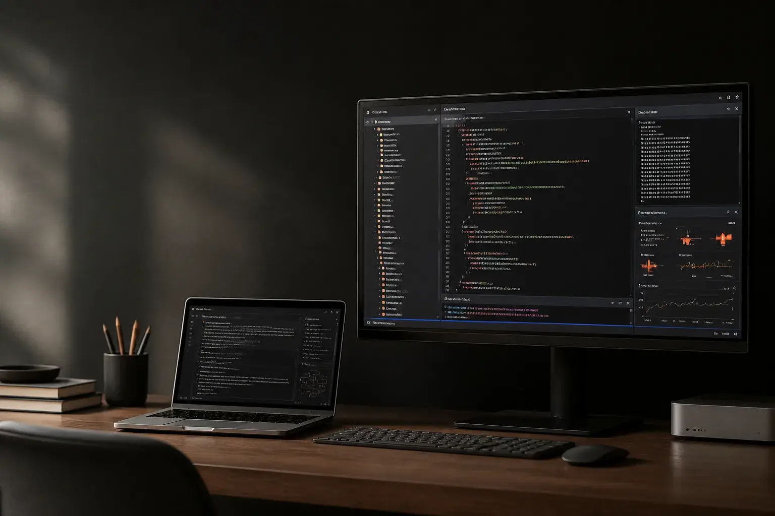 A developer desk with a laptop and a large monitor showing a dark coding workspace.