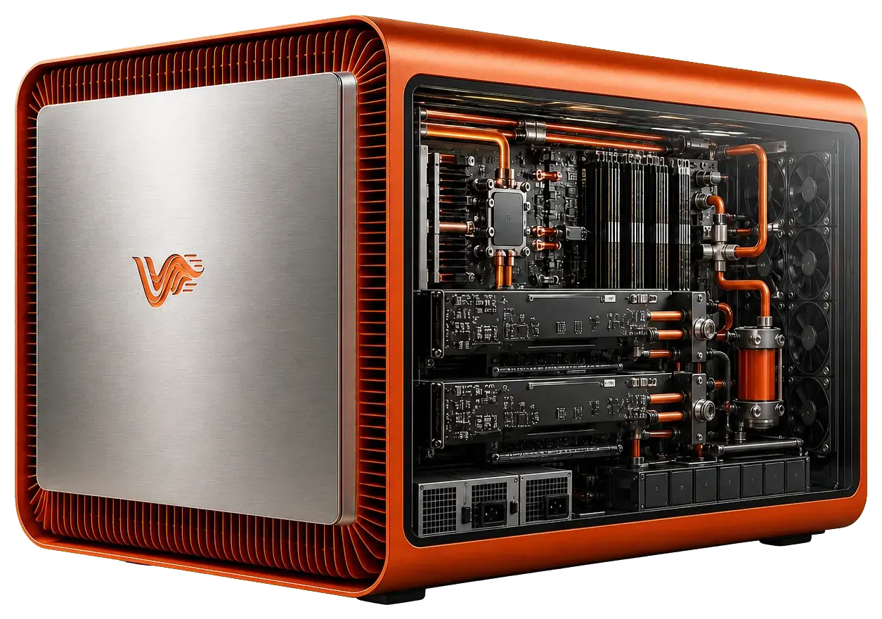 Velociti One appliance: an orange chassis with a stainless front plate and visible copper cooling.