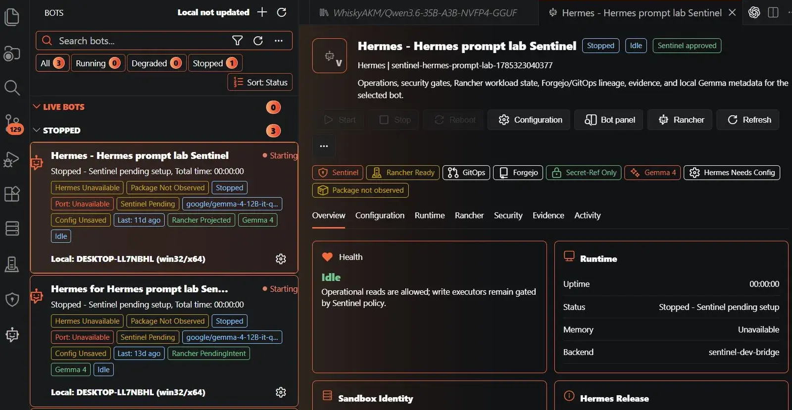 Hermes Bot health and runtime cards showing idle status with write executors gated by Sentinel policy.
