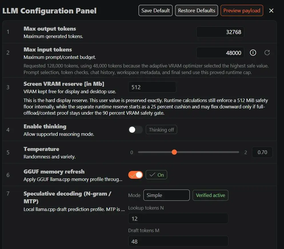 LLM Configuration Panel with hardware-aware token, VRAM, RAM, and speculative-decoding settings.