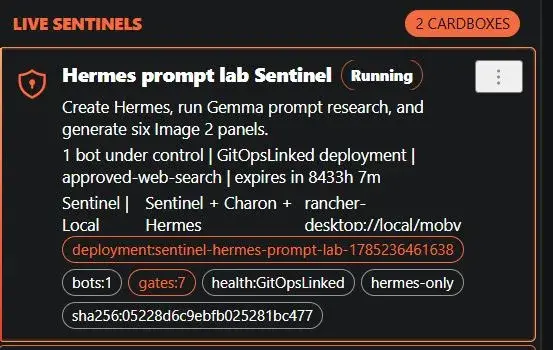 A live Sentinel card listing bot relationship, tool gates, health, and an expiry window.